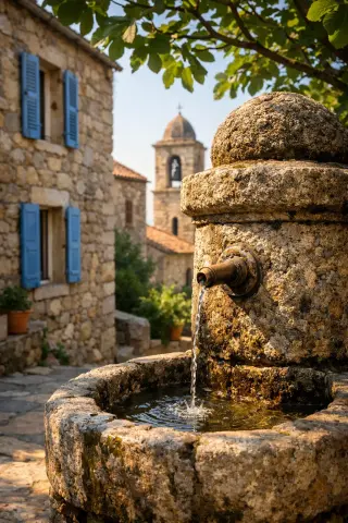 Detail of a granite fountain in a narrow village street, with a stone house, church bell tower, and Mediterranean light in Villanova, Corsica.