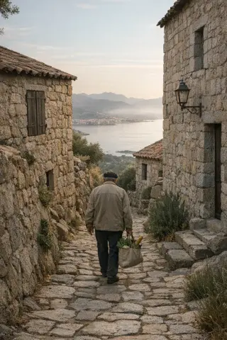 Solitary hiker on a maquis trail above Villanova, granite rocks and wild shrubs with the Gulf of Ajaccio visible under soft morning light.