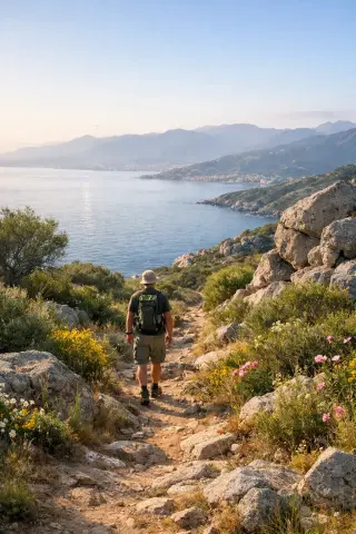 Solitary hiker on a rustic trail in the Corsican maquis with sea and coastline visible in the morning light