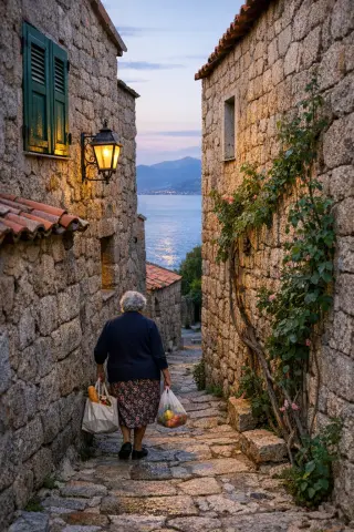Granite alleyway in Villanova with a resident, overlooking the Gulf of Ajaccio in warm Mediterranean evening light