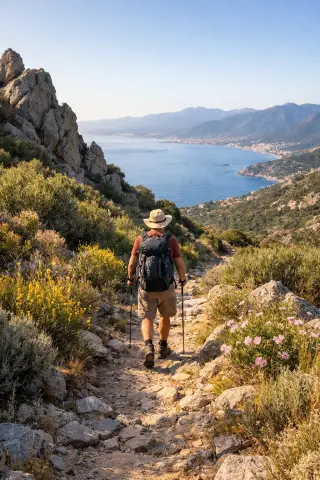 Lone hiker on a rocky trail through Corsican maquis with the Golfe d'Ajaccio in the background under natural morning light