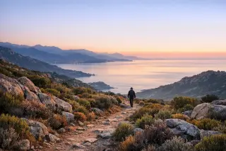 Panoramic view from a hillside near Villanova at dawn with a hiking trail through maquis, distant hiker, granite rocks, and the Gulf of Ajaccio bathed in soft morning light.