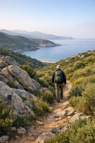 Solitary hiker walking on a narrow path through wild maquis, with rocky terrain and the Golfe de Lava visible in the distance under gentle morning light.