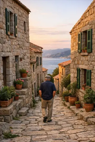 Narrow granite street in Villanova at sunset with a local walking between old stone houses, potted plants, and a distant view of the sea under a Mediterranean sky.