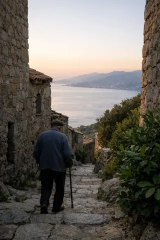 Narrow granite alley in Villanova at dawn overlooking Ajaccio gulf, elderly local walking, soft Mediterranean light, tranquil village atmosphere.