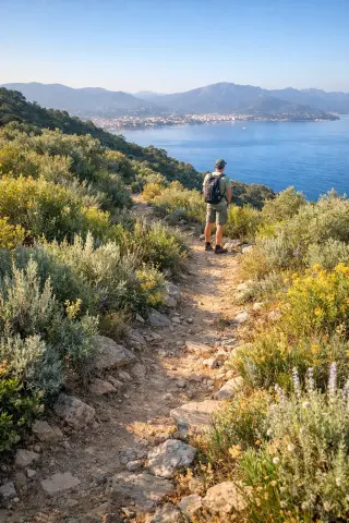 Corsican maquis footpath overlooking the blue bay of Ajaccio, with a lone hiker and wild shrubs in gentle Mediterranean morning light.