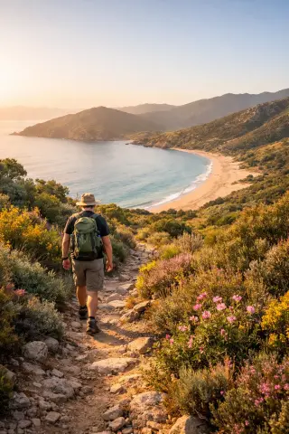 Lone hiker on a maquis trail overlooking the wild Golfe de Lava at sunrise, with blooming shrubs and the quiet beach in the distance.