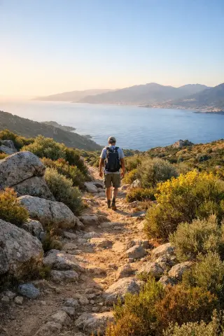 Solitary hiker on a wild maquis trail above Villanova with the Gulf of Ajaccio in the background, illuminated by early morning light.