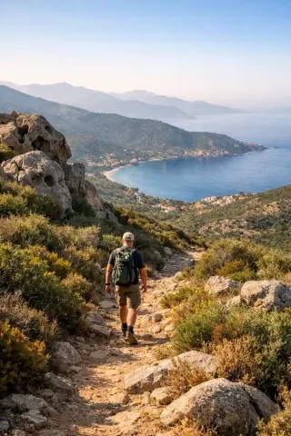 Corsican hiking trail winding through maquis with view of Gulf of Ajaccio, a solitary hiker in the landscape, clear morning light and wild shrubs