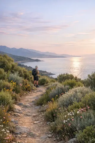 Hiker on a narrow maquis trail above Villanova with wild shrubs and flowers, overlooking the Gulf of Ajaccio at dawn