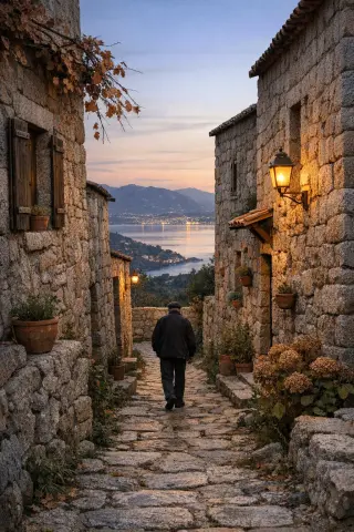 Narrow granite alley in Villanova at dusk with a solitary local, autumn tones, and a distant view of the Golfe d’Ajaccio