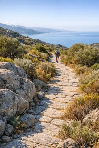 Granite path winding through wild maquis above Villanova with a lone hiker and panoramic view of the Gulf of Ajaccio under warm Mediterranean light