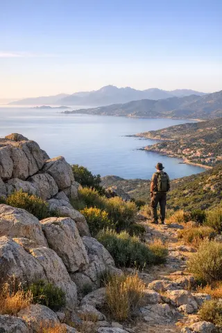 Hiker standing on granite rocks above the Gulf of Ajaccio at dawn, surrounded by wild maquis and overlooking the calm sea, under soft Mediterranean light.