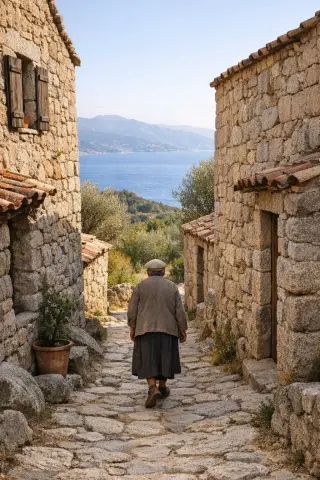 Stone alleyway in Villanova with a local walking, sea and maquis in the background, under autumn sunlight.