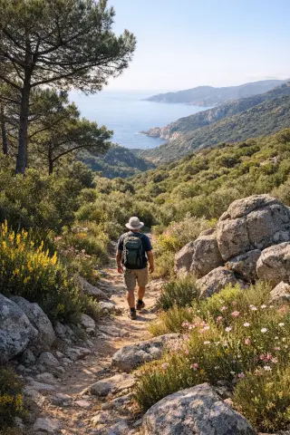 Hiker on a narrow maquis trail between pines and granite rocks with a distant view of the Ajaccio gulf in soft morning light