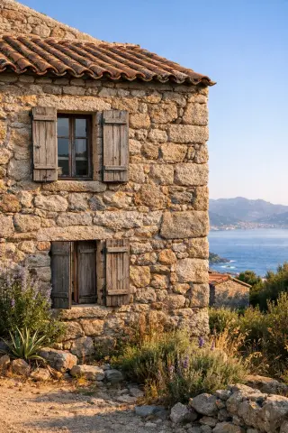 Close-up of a rustic Corsican stone house with wooden shutters in Villanova, morning light highlighting the granite texture, distant view of the Golfe d'Ajaccio and Mediterranean plants nearby.