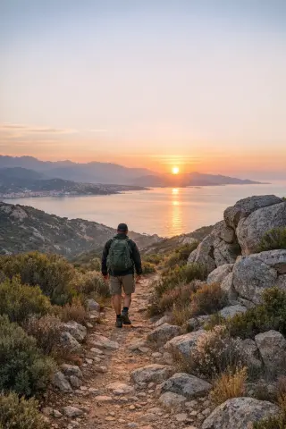 Solitary hiker on a granite maquis trail overlooking the sunrise above the Golfe d'Ajaccio, with wild shrubs and rocks in the foreground and the sea in the soft morning light.