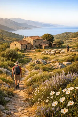 Hiker walking on a maquis-lined trail near a granite farmhouse, with grazing sheep and a view of the Gulf of Ajaccio in the background.