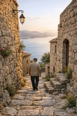 Granite alley in Villanova winding toward a view of the Ajaccio Gulf, with a solitary local walking, stone walls, Mediterranean plants, and soft morning light.