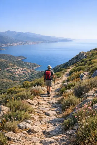 Solitary hiker on a rocky trail through Corsican maquis above Villanova, with panoramic view of Ajaccio gulf in morning light.