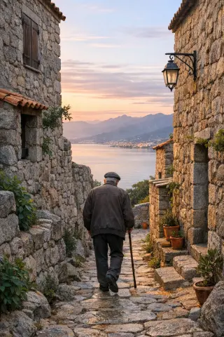 Narrow granite alley in Villanova at dawn, elderly resident walking, view over the Gulf of Ajaccio, calm and authentic village atmosphere.